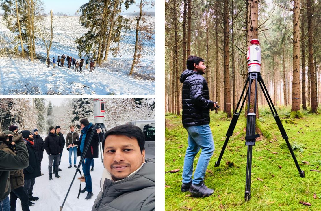 Group photos: drones (top left), terrestrial laser scanners (bottom left), and myself collecting data with a terrestrial laser scanner (right). 