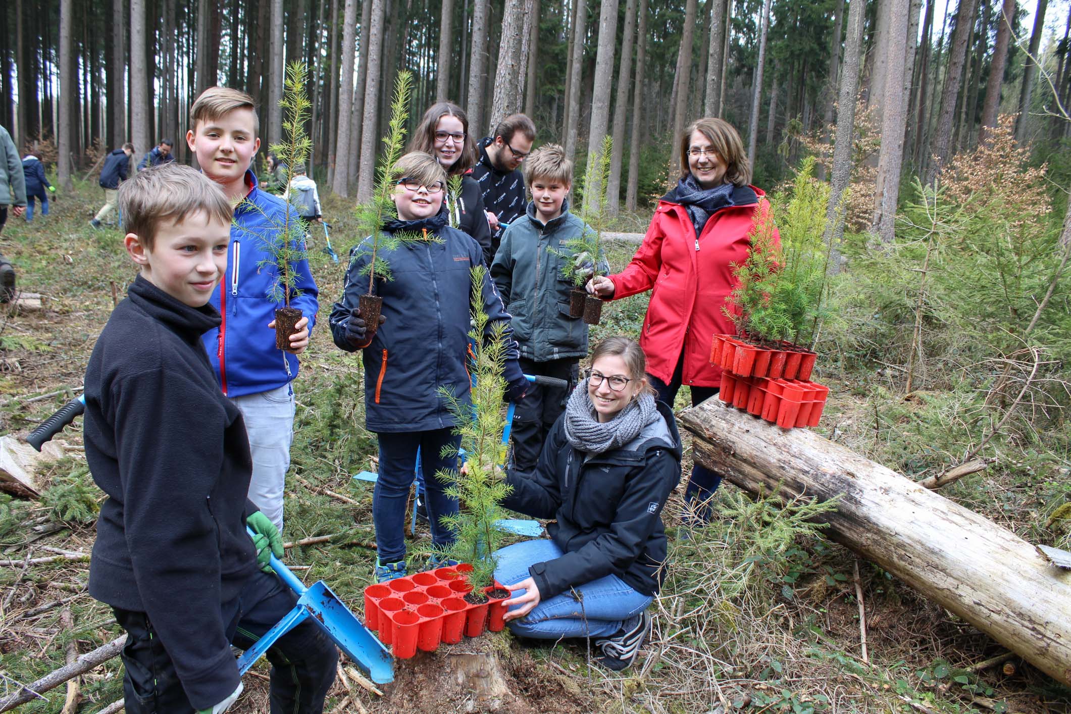 Schüler der Realschule Rebdorf pflanzen zusammen mit MdL Tanja Schorer-Dremel (r.) junge Douglasien. Foto: C. Josten ,ZWFH Schüler der Realschule Rebdorf pflanzen zusammen mit MdL Tanja Schorer-Dremel, (r.) junge Douglasien. Foto: C. Josten ,ZWFH