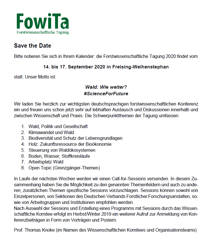 Fowita Save the Date Forstwissenschaftliche Tagung 2020